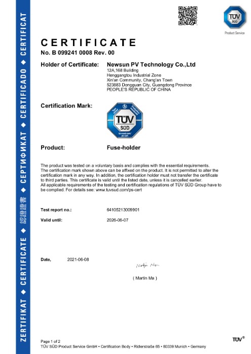 2021 TUV certificate for 1500VDC fuse-holder